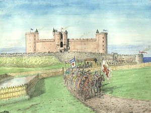Reconstruction of Tantallon castle. Click here to see a larger image.